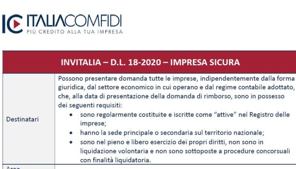 BANDO DI INVITALIA PER  SPESE IN STRUMENTI DI PROTEZIONE ANTICORONAVIRUS