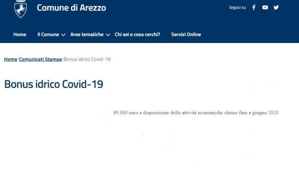 EMERGENZA COVID: DAL COMUNE DI AREZZO IN ARRIVO BONUS IDRICO PER LE AZIENDE